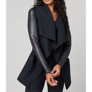 Spanx Faux Leather Sleeves Drape Front Jacket